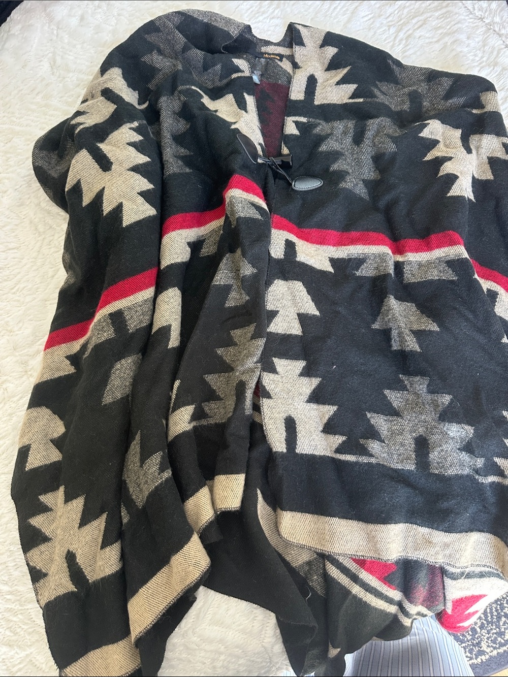 Black & Cream Geometric Toggle Poncho with Red Stripe